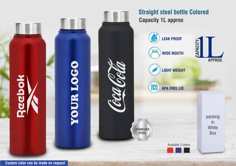 Straight Steel Bottle Colored | Capacity 1L Approx