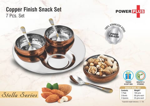 7 Pc Copper Finish Snack Set | 3 Snack Bowls With Spoons & Serving Tray