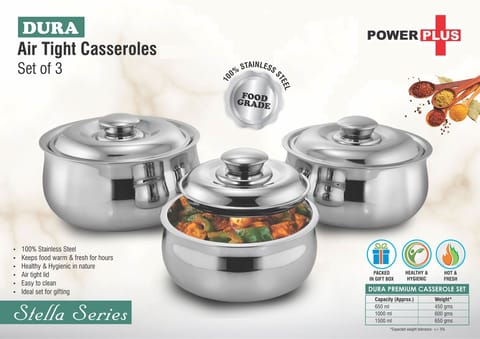 Dura Premium Stainless Steel Air Tight Casserole Set Of 3 | Capacity: 650ml, 1L And 1.5L Approx
