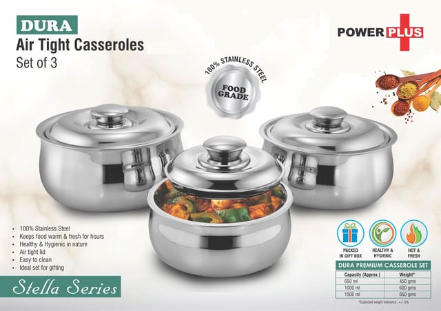 Dura Premium Stainless Steel Air Tight Casserole Set Of 3 | Capacity: 650ml, 1L And 1.5L Approx