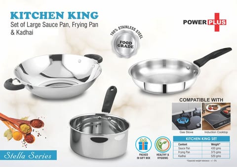 Kitchen King: Set Of Large Sauce Pan, Frying Pan And Kadhai In Gift Box | Made Of Stainless Steel