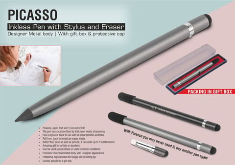 Picasso: Inkless Pen With Stylus And Eraser | Designer Metal Body | With Gift Box & Protective Cap