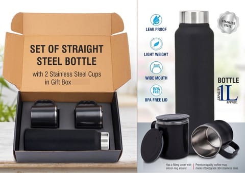 Set Of Black Stainless Steel Bottle With 2 Stainless Steel Cups In Gift Box | Bottle Capacity 1L Approx