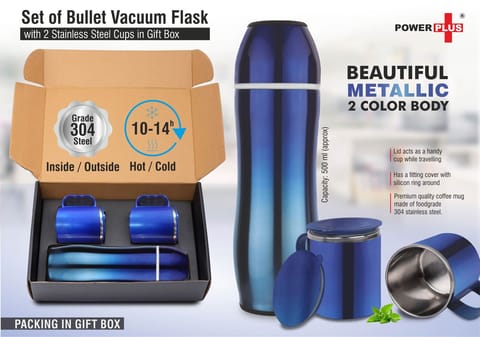 Set Of Blue Bullet Vacuum Flask With 2 Stainless Steel Cups In Gift Box | Metallic Finish Cups