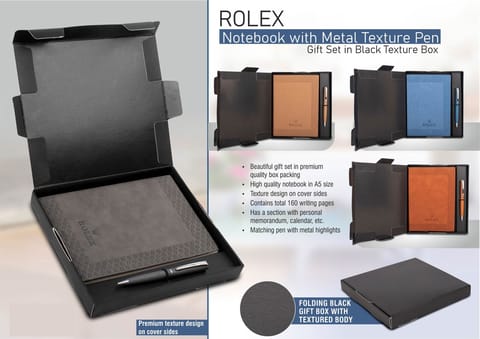 Rolex Notebook with Metal Texture pen | Gift set in Black Texture box