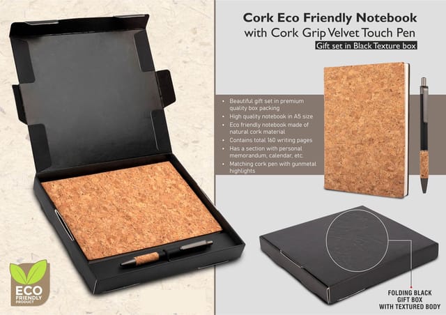 Cork Notebook with Cork Grip Velvet touch pen | Gift set in Black Texture box