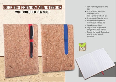 Cork Eco friendly A5 notebook with Colored pen slot | Hard bound cover | With memorandum & Bookmark ribbon| 80 gsm sheets | 160 undated pages