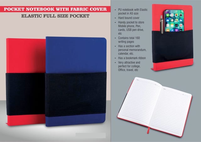Pocket notebook with Fabric cover | Elastic full size pocket | A5 size | Hard bound cover | With memorandum & Bookmark ribbon| 80 gsm sheets | 160 undated pages