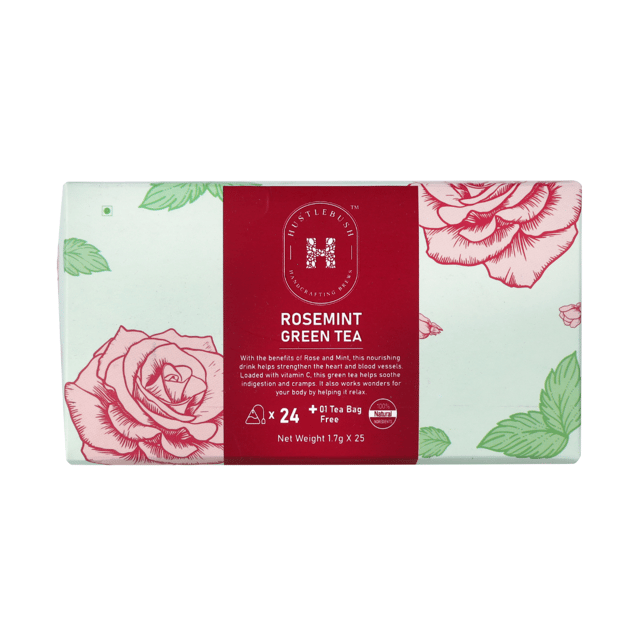 Hustlebush Rosemint Flavoured Green Tea Loaded with Vitamin C Made with 100% Whole Leaf, Rose Petals & Mint 25 pyramid teabags