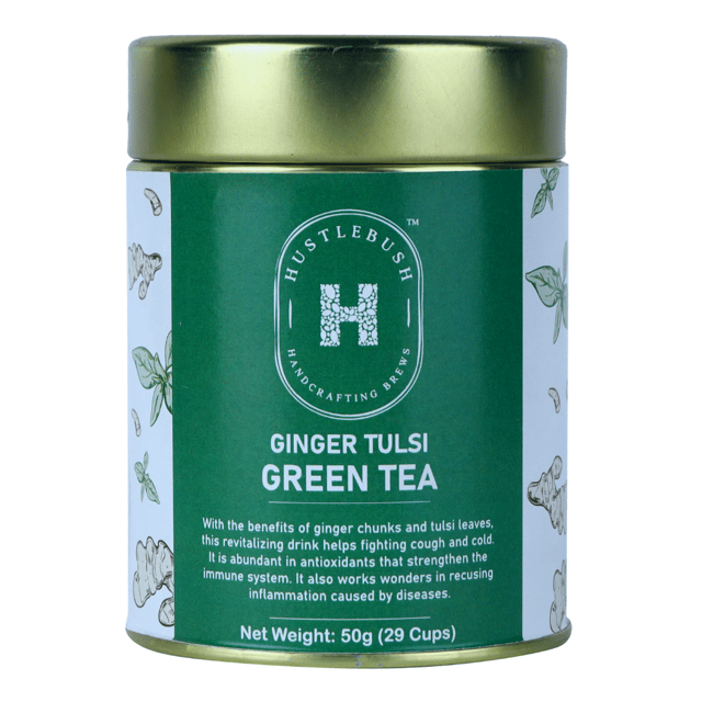 Hustlebush Ginger Tulsi Green Tea Fights Cough & Cold Boosts Immunity Made using 100% Natural Flavours 50g loose Leaf