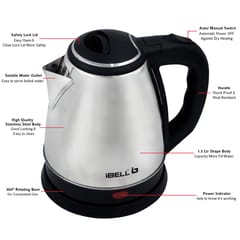 iBELL SEK15L Premium 1.5 Litre Stainless Steel Electric Kettle,1500W Auto Cut-Off Feature,Silver with Black