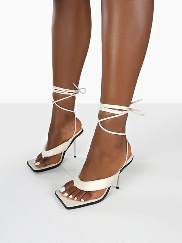 GRAND WHITE TOE THONG FRONT SQUARE TOE LACE UP STILETTO HEELS