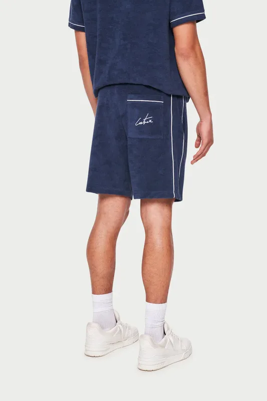 TOWELLED PIPED DETAIL SHORTS - NAVY