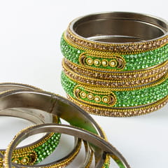 Hyderabad Lac Bangles Set | Green Stones & Pearls Embedded / Green Colour