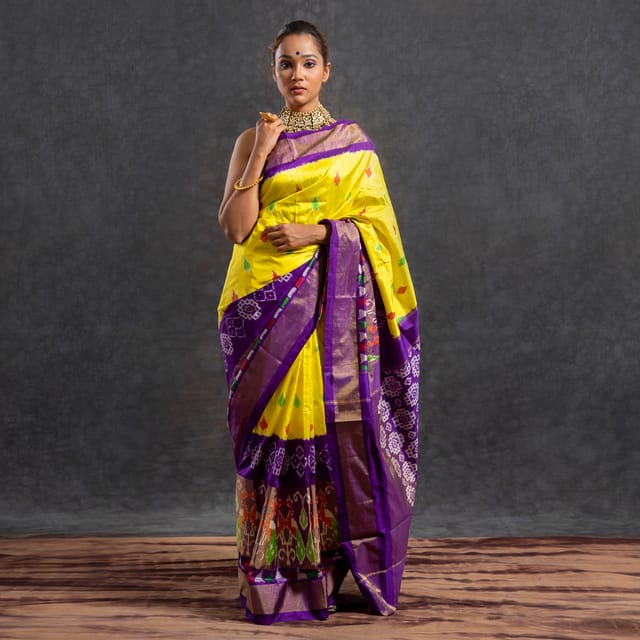 Pochampally Ikkat Silk Saree / Yellow Colour / Purple Border HPISSBS0121