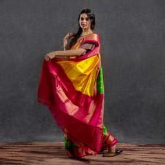Pochampally Ikkat Silk Saree / Yellow Colour / Pink Border  HPISSSP0121