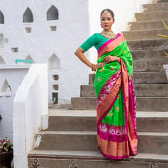 Pochampally Ikkat Silk Saree / Light Green Colour / Pink Border HPISSRP0221