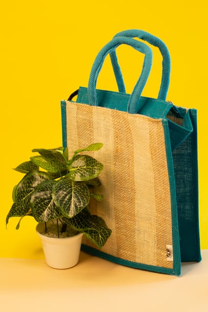 Jute Long Lunch Bag | Blue | Handcrafted | Reusable and Biodegradable