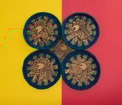 Handmade Crochet And Madhubani Coaster - Peacock (Pack Of 6)