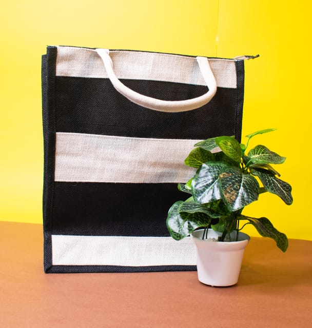 Black & White Striped Jute Carry Bag