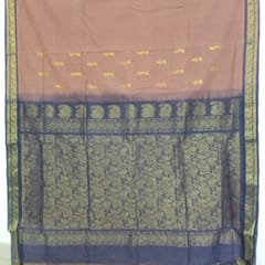 Grey/Dark Blue Hand Woven Cotton Saree-001 With Jacqud Technique