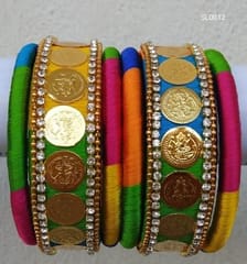 Multi Colour Silk Thread Bangles With Lakshmi Kasu & Silk Thread Necklace With Earrings Combo 1