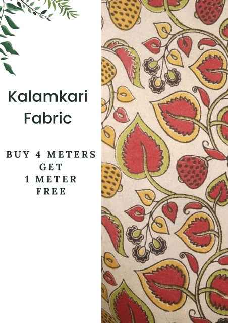 Cream & Red Kalamkari Fabric - 5