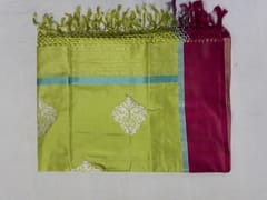 Handloom Satin Border Kadwa With Reshmi Silver Zari Buta Parrot color Duptta. Silk/Silk -DUP-014