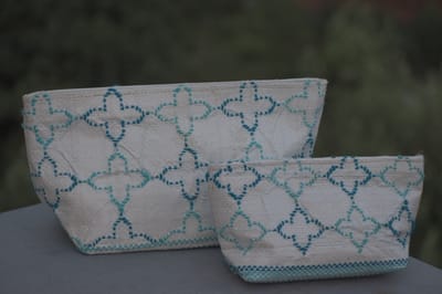 White Taat Wool Pouch | Set of 2 Pouch (Blue &White)