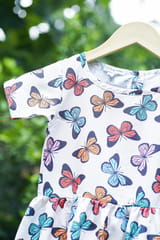 Off White Butterfly Print Ruffle Dress