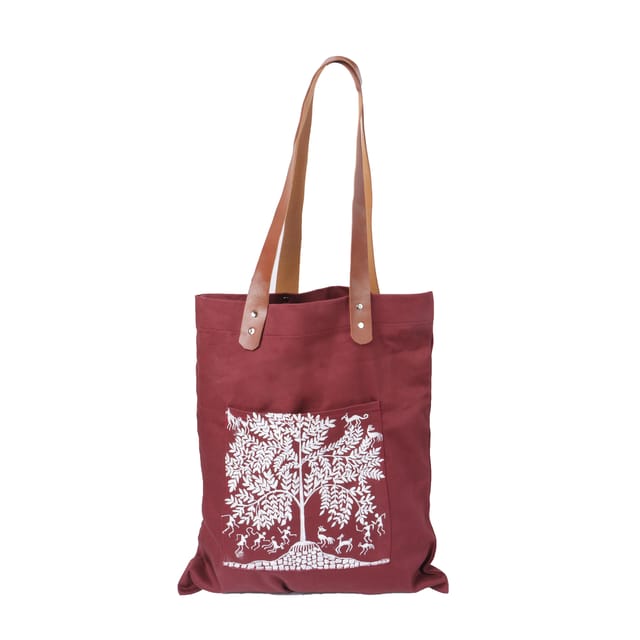Maroon Cotton Linen | Warli Hand-painted Tote Bag