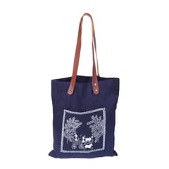Blue Cotton Linen | Warli Handpainted Tote Bag