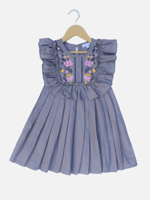 Grey Embroidered Dress With Ruffle Neck