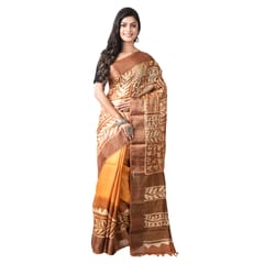 3stones | Handwoven | Hand Batik | Pure Silk | Saree and Blouse Piece | Silk Mark | Yellow and Brown | GCMZT5