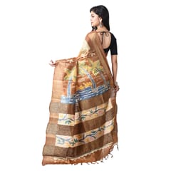 3stones | Handwoven | Hand Batik | Pure Silk | Saree and Blouse Piece | Silk Mark | Cream and Brown | GCMZT8