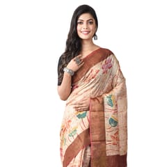3stones | Handwoven | Hand Batik | Pure Silk | Saree and Blouse Piece | Silk Mark | Cream and Brown | GCMZT16