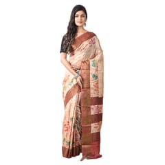 3stones | Handwoven | Hand Batik | Pure Silk | Saree and Blouse Piece | Silk Mark | Cream and Brown | GCMZT16