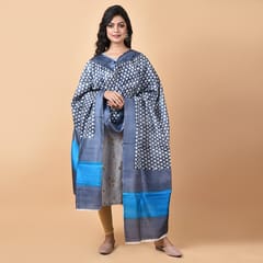 3stones | Handwoven | Hand Block | Pure Silk | Dupatta | Silk Mark | Grey and Blue | GCA10