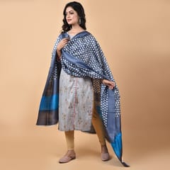 3stones | Handwoven | Hand Block | Pure Silk | Dupatta | Silk Mark | Grey and Blue | GCA10