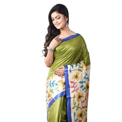 3stones | Handwoven | Hand Paint | Pure Silk | Saree and Blouse Piece | Silk Mark | Olive | GCPT5