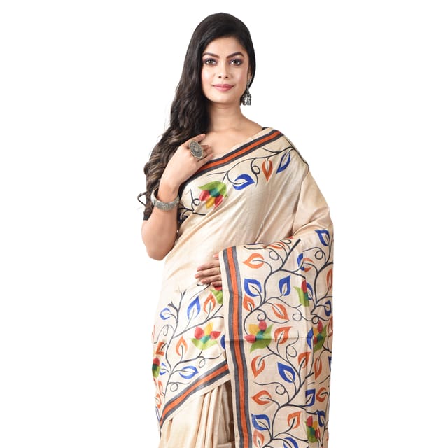3stones | Handwoven | Hand Paint | Pure Silk | Saree and Blouse Piece | Silk Mark | Cream | GCPT9
