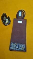 Brown Jute Water Bottle Bag with Kalamkari Patch-001