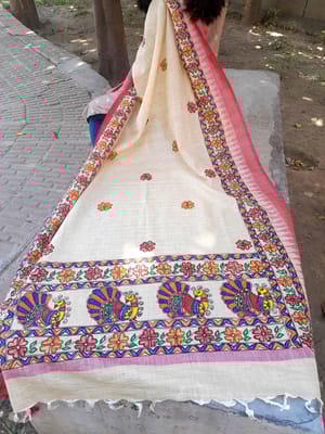 Handpainted Madhubani Duppata | Lovely Khadi Cotton Base | Natural Materials | Pair with anything | Cultural Gifting Options | Mithila handpainted cotton dupatta| Beige/Off white cotton dupatta