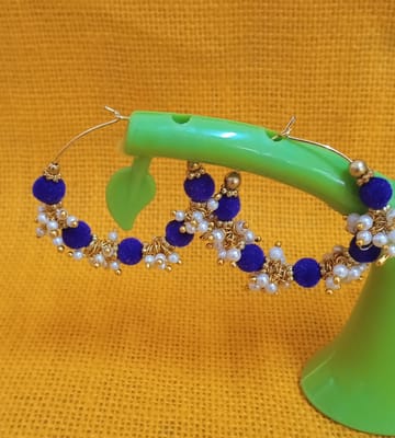 Silk Thread Blue Colour Hoop Earrings with Pearls 0025