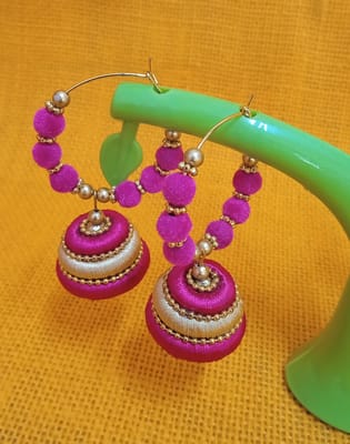 Thread Trends Pink Silk Thread Jhumkas Beads Dori Hoop Earrings for Women 0028