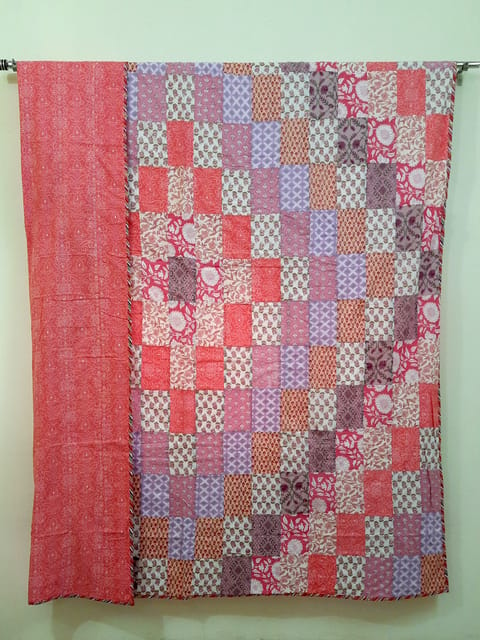Indian soft & light patch work block printed Double dohar/ AC Quilt 100% cotton reversible all seasons blanket Pink color coverlet 3 layered