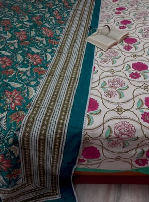 Teal and White Ethnic Indian Floral Design Reversible Double Bed Handcrafted Pure Cotton Dohar/Throw/Ac Quilt (90x108Inches)