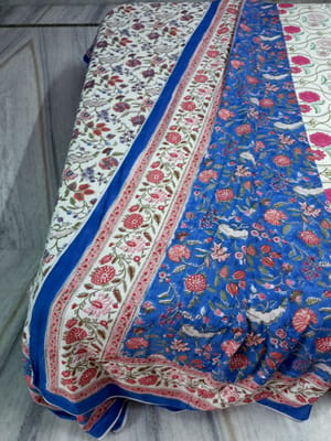 Blue and White Ethnic Indian Floral Design Reversible Double Bed Handcrafted Pure Cotton Dohar/Throw/Ac Quilt (90x108Inches)