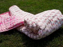 Pink and white tractor and bird design hand block printed soft organic cotton kids' quilt