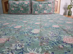 Premium quality super soft Pure cotton hand block printed King Size bedsheet with two reversible pillow covers in beautiful English green color